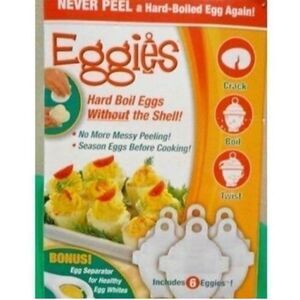 Eggies Hard Boiled Poached Egg Cooker w 6 Cookers and Bonus Separator New in Box